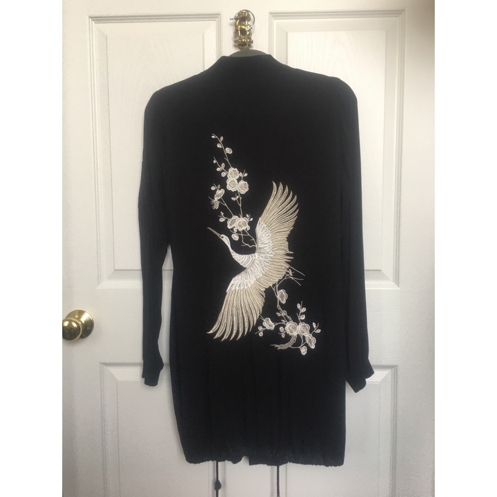 Black Atmosphere Kimono Jacket with Embroidered Crane